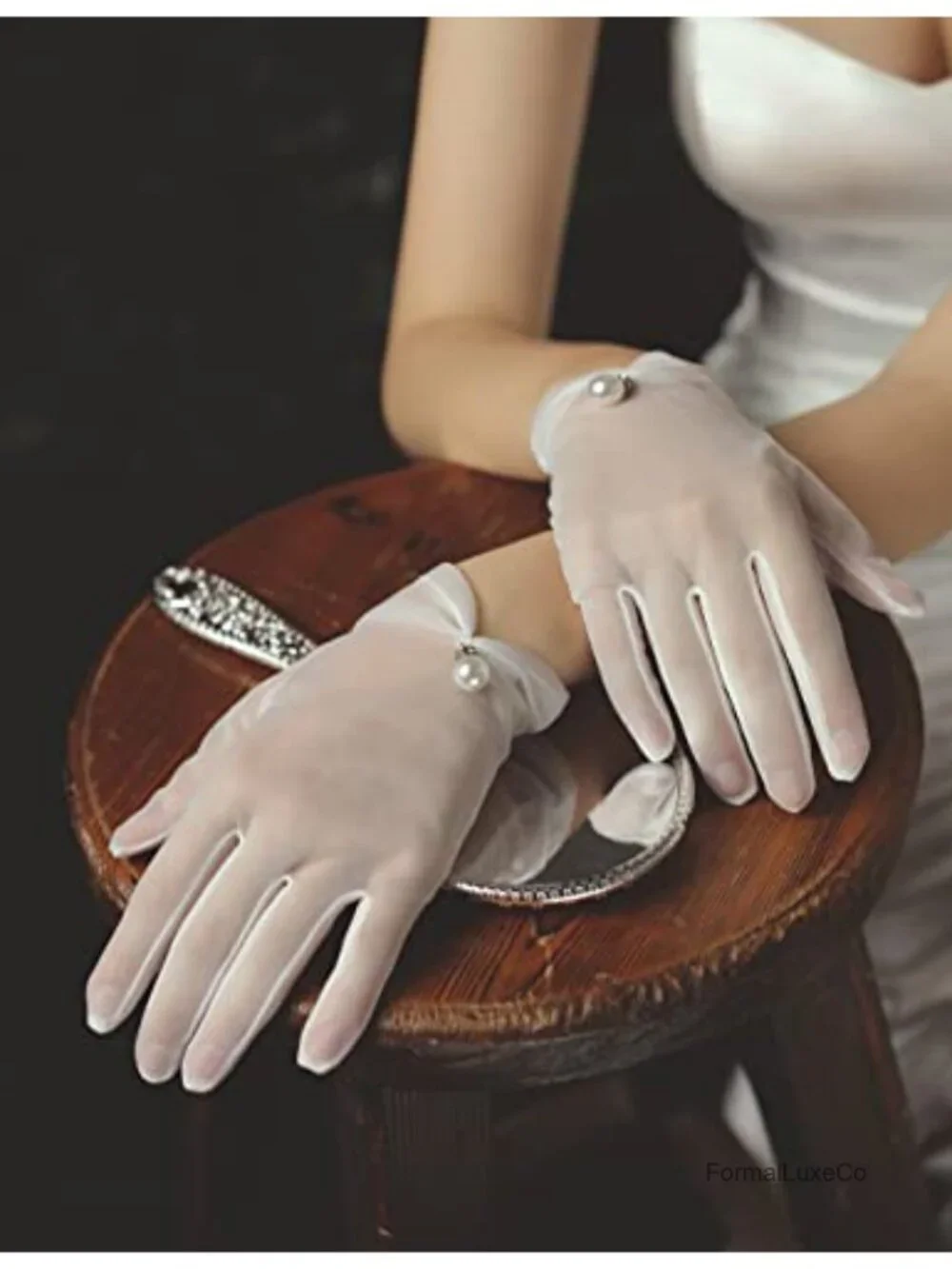 Short Satin Gloves for Wedding Evening Party Dressy Lace Tulle Gloves